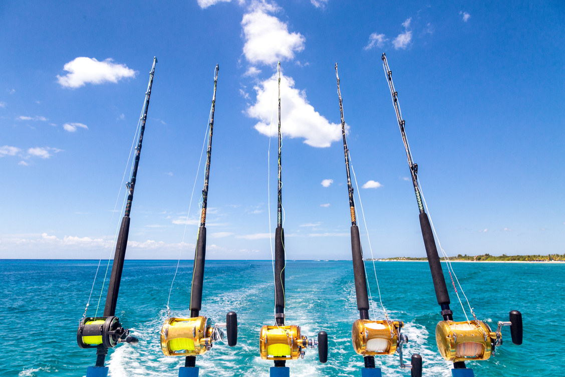 Row of Deep Sea Fishing Rods on Boat